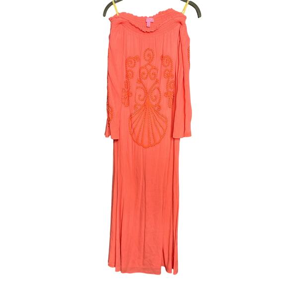 Lilly Pulitzer Nita Maxi Dress Off The Shoulder Guava Melon Beaded Size Small - Picture 5 of 11